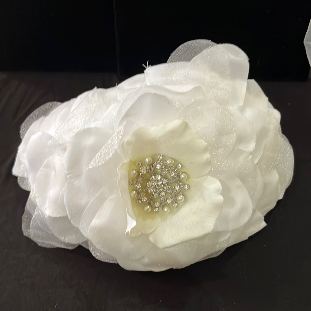 White Flower Headpiece with Pearls and Rhinestone Brooch